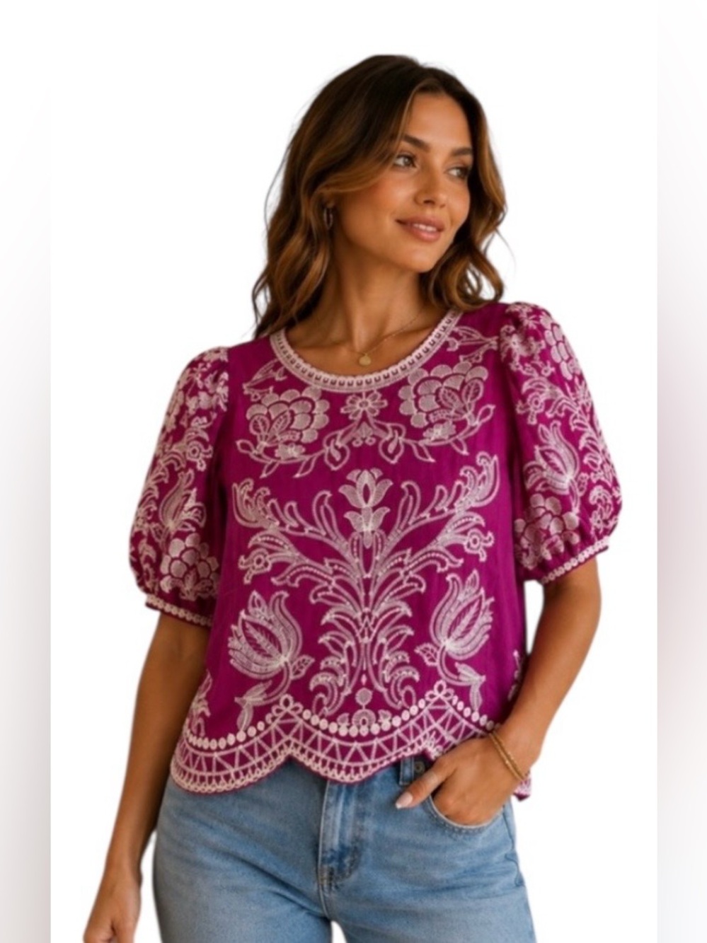 NWOT: Solitare Magenta Embroidered Top, Women’s SMALL